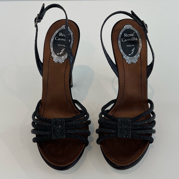RENE CAOVILLA BLACK BROWN CRYSTAL SANDALS SIZE IT 37.5 / US 7.5 - Picture 2 of 16